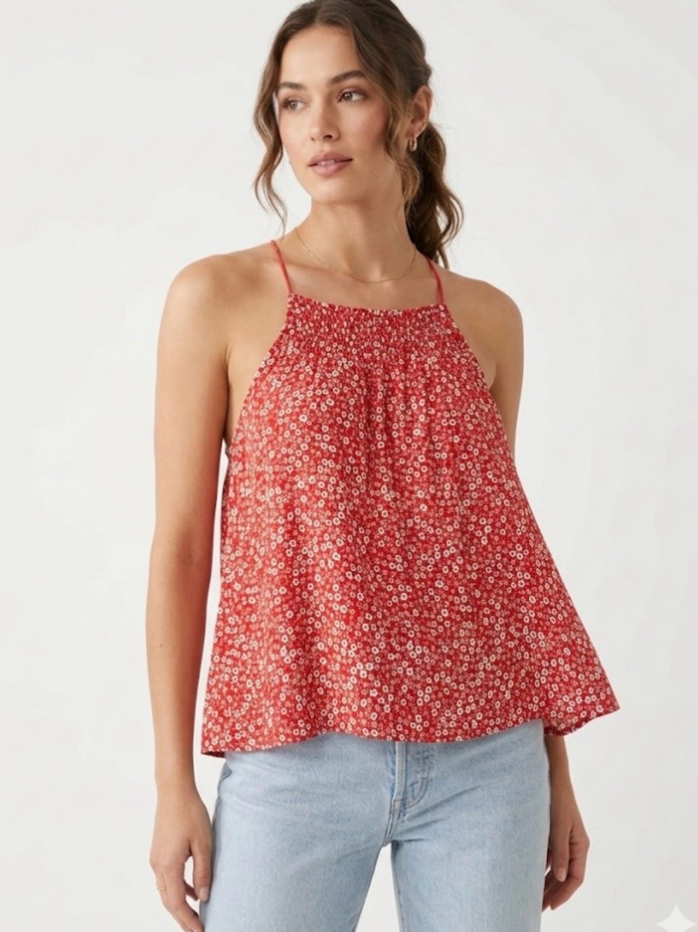NWOT Trapeze halter smocked high apron neckline  ditsy floral back keyhole M